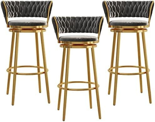 Barhocker aus Samt, 4er Set, Thekenhöhe Barhocker mit gewebter Rückenlehne und 360° drehbarem Küchen-Barstuhl mit goldener Fußstütze, grauer Samt mit goldenen Beinen, ideal für Küche, Café, Esszimmer