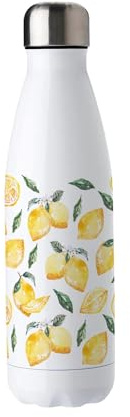Purely Home Lemons Stainless Steel Water Bottle - Summer Fruits & Flowers Presents - Double Walled 500ml Metal Hot/Cold Drinks Bottle Outdoor Gifts