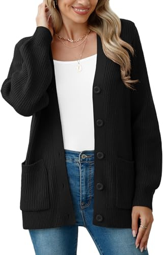 YGJIEGENG Black Cardigans for Women, Chunky, Knit Cardigan Sweater | V Neck, Button Down, Long Sleeve, Lightweight, Casual, Loose, Ladies Cardigan with Pockets, Soft, Open Front, Autumn Winter