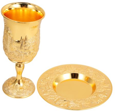 POPETPOP Copa de Vino Metálica con Cáliz y Plato para Shabbat Diseño Elegante y Resistente para Celebración de Pascua y Kidush Regalo Festivo Dorado