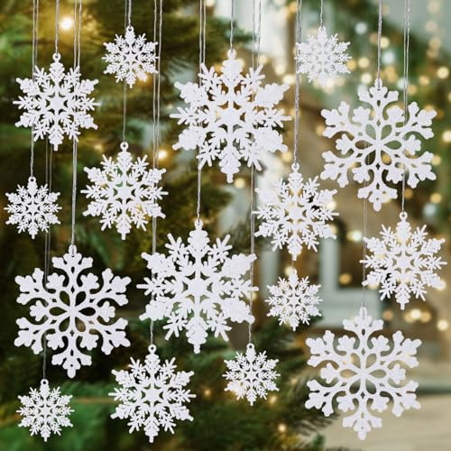 36 Stück Schneeflocken Deko Weihnachten mit 5 Meter Silber Schnur - Glitzer Weihnachtsbaum Schmuck Anhänger Set für Fenster und Christbaum