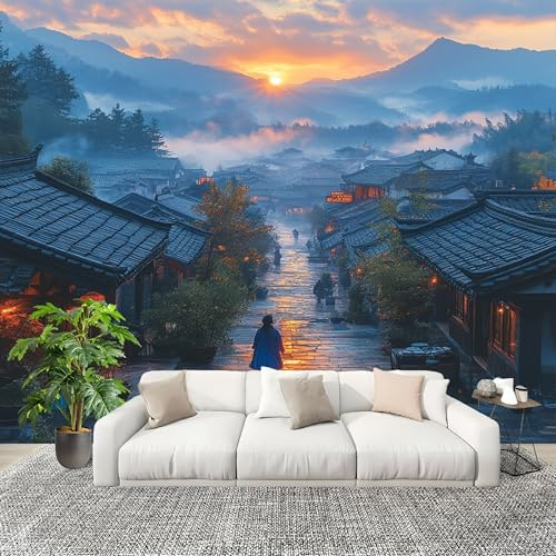 Mural Papel Pintado 3D 250x175cm Calles De La Ciudad Al Atardecer Fotomurales Tejido No Tejido Antiarrugas Póster Paisajes Naturales Murales Fotográfico Moderno Decoración de Paredes