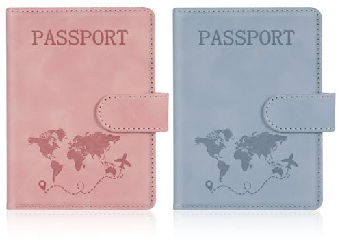 AOOTE Funda para Pasaporte de Cuero de PU,2 Pcs Porta Pasaporte con Bloqueo RFID,Viajes Accesorios Unisex para Pasaportes Tarjetas Crédito Funda Tarjeta Identific