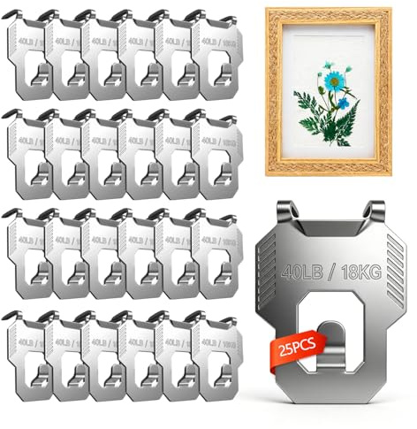 25 Cuelga Cuadros sin Clavo Pesados 40 Libras Colgador Pared de Inox | Cuelga Cuadros Fotografías Espejos en Paredes de Yeso Ganchos Plateados Reutilizables con Caja Transparente