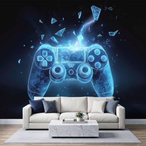 Papier peint photo intissé 300x210cm, Style Holographique Papier peint Panoramique de haute qualité, pour salon et chambre, Manette Jeu Lignes Néon Adolescent Chambre Gaming revêtement mural