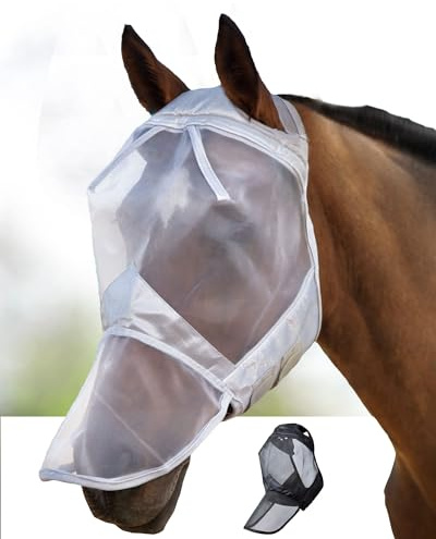 Harrison Howard CareMaster Maschera anti-mosche per cavallo UV protezione con para naso Argento (XL; Extra Full)