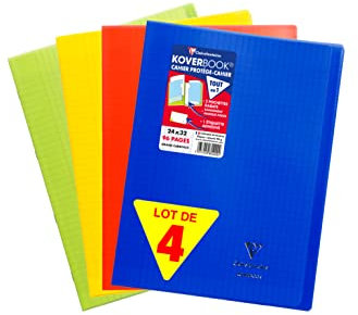Clairefontaine 981440AMZC- Set mit 4 Heften Koverbook, 48 Blatt, DIN A4+, 24 x 32cm, 90g, französische Lineatur, 2 Klarsichthüllen, 1 Set, farbig sortiert