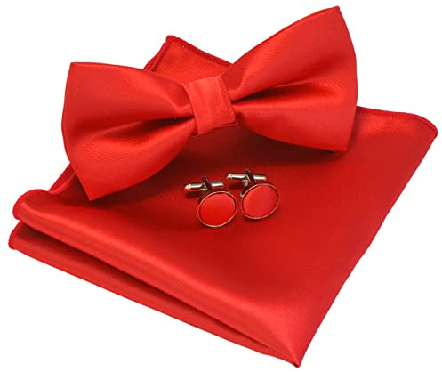 JEMYGINS Noeud Papillon Homme Rouge en Soie Réglable Multicolores et Boutons de Manchette et Carré de poche Ensemble Compris boîte