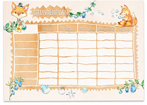 Papierdrachen Stundenplan DIN A4 Block - Motiv Fuchs - beschreibbar und ideal als Geschenk für Schule oder Uni - Terminkalender und Wochenplan für Kinder
