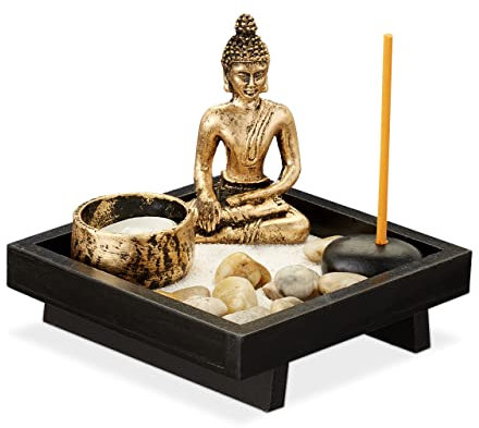 Relaxdays Jardín Zen, Buda, Piedras, Arena, Incienso y Portavelas, Decoración Feng Shui, Madera-Plástico, 1 Ud., Negro