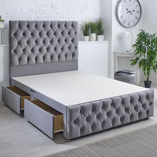ComfoRest Elegant Single Bed with 2 Drawers and Footboard, Grey Plush | British-made divan frame, 91.5 x 190.5cm, 54in luxury chester headboard, ideal for guest rooms and studios