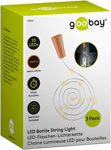 goobay 57866 3 x 10 LED Flaschenlichterkette, Flaschenlicht - Zum Einlegen in Flaschen, Timerfunktion/Zeitschalter, mit Batterien im Korken, 1m, Transparent, Klar