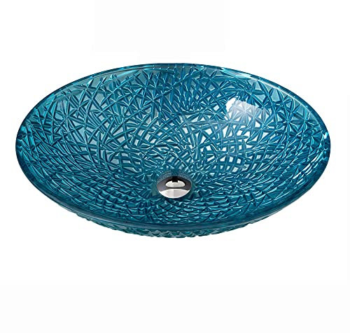 HomeLava Waschbecken Oval Aufsatz-Waschschale Waschtisch Blau mit Abfluss und Montagering aus hochwertiger Glas (ohne Wasserhahn)