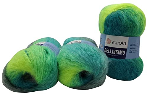 YarnArt Bellissimo 3 x 150 Gramm Strickwolle mit Mohair, 450g Wolle mit Farbverlauf (türkis kiwi grün 1412)
