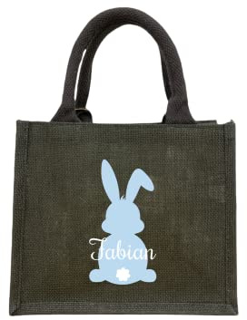 Bedruckte Jutetasche zu Ostern mit Name | Ostertasche Motiv Hase für Kinder | Personalisiertes Osternest zum Befüllen inkl. Namensdruck | Geschenktasche mit Henkel als Osterkörbchen dunkelgrau