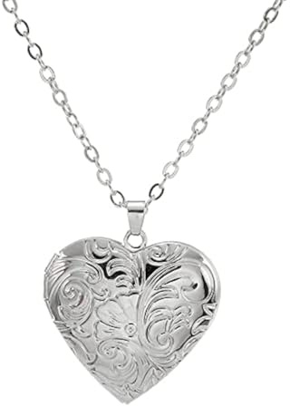 Yifnny Collier Coeur Gravé Fleur Mémorial Photo Collier avec Photo Pendentif Coeur pour Femmes (Argent)