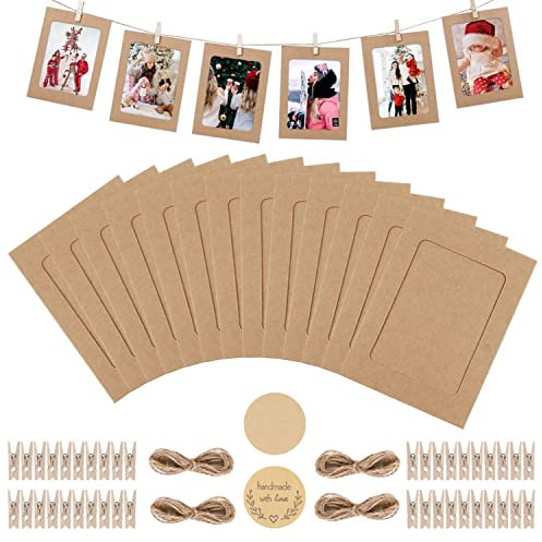 Hotipine 40 stücke Braune Kraftpapier Bilderrahmen Collagen Hängende Wanddekoration zum Aufhängen von Bildern Postkarten, mit 40 mini Holzklammern, 4 Hanfseile und 80 DIY Aufkleber,10x15cm 300gsm