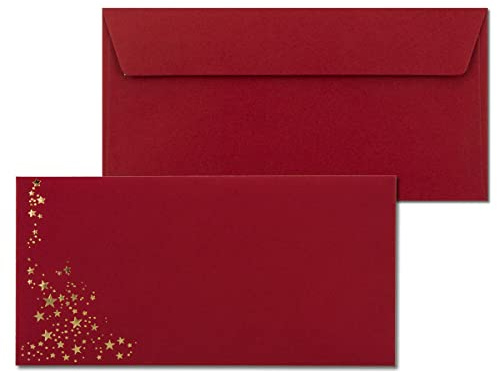 25x Briefumschläge mit Metallic Sternen - DIN Lang - Gold geprägter Sternenregen - Farbe: dunkelrot, Haftklebung, 120 g/m² - 110 x 220 mm - ideal für Weihnachten