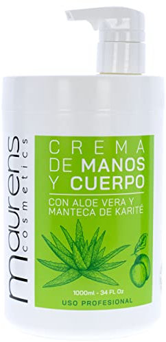 Maurens, Crema de Manos y Cuerpo. Crema Corporal para todas las zonas del cuerpo, manos, cara y cuerpo. Hidratante con Aloe Vera Español y Manteca de Karité. Formato familiar. 1000 ml.