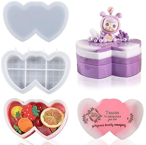 DeryArcle 2Pcs Double Heart Box Resin Mold Jewelry Case Silicone Molds with lid Trinket Storage Mould Container Epoxy Resin Casting Moulds for DIY Cosmetic Candy Organizer Craft Home Decor