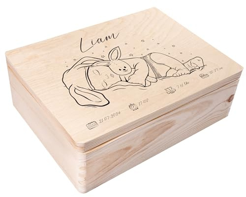 Creative Deco Erinnerungsbox Baby Personalisiert mit Namen | 40 x 30 x 14cm | Individuelle Erinnerungskiste Geschenk zur Geburt für Mädchen und Jungen | Holzkiste mit Deckel | Farbdruck