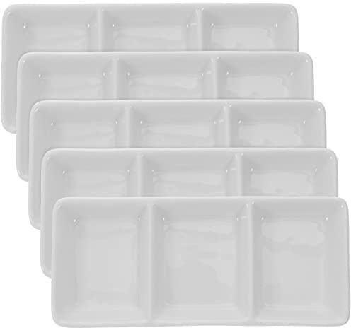 HEMOTON 5-Piece Ceramic Seasoning Dish Set with 3 Compartments Porcelain Dipping Bowls for Soy Sauce Vinegar and Hotpot Condiments Compact 0.79 Inch Small Sauce Bowls for Home and Restaurant