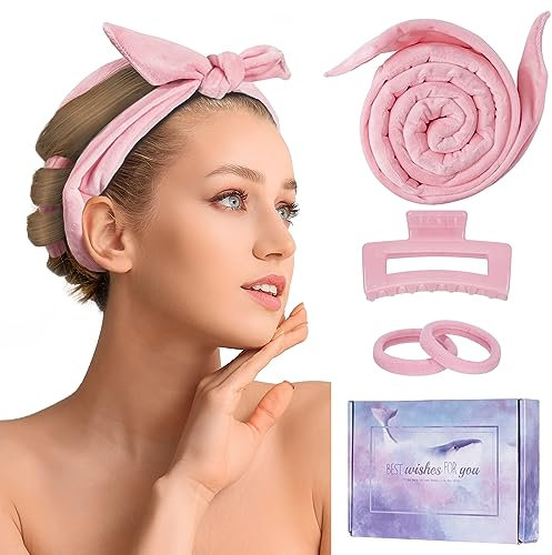 CORATED Neue Lockenwickler Ohne Hitze, Heatless Curls Band Samt über Nacht mit Haarnadel, Heizlose Locken Band, Lockenwickler für langes Haar, Rosa
