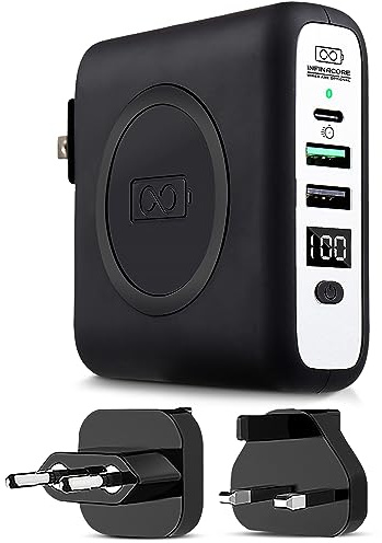 InfinaCore P3 Pandora Portable Power Bank for iPhone & Android - 3-in-1 FastCharge Wireless Charger - Charger for USB C & USB 2.0 Cables - W/Global Adapters - Travel Essentials - Midnight Black
