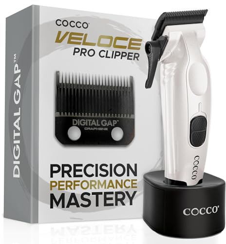 Cocco Veloce Pro Clipper, Digital Gap Ambassador Graphene Taper Blade Professional Hair Clippers, High-Torque BLDC Motor, All-Metal, Cordless, Charging Base Included, Pearl White