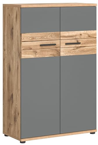 xonox.home Büro Mason X12B8526 Büroschrank Schrank Stauraum Home Office in Front Basalt grau Nb., Korpus Nox Oak Nb. Absetzung Nox Oak Nb., ca. 80x122x37 cm