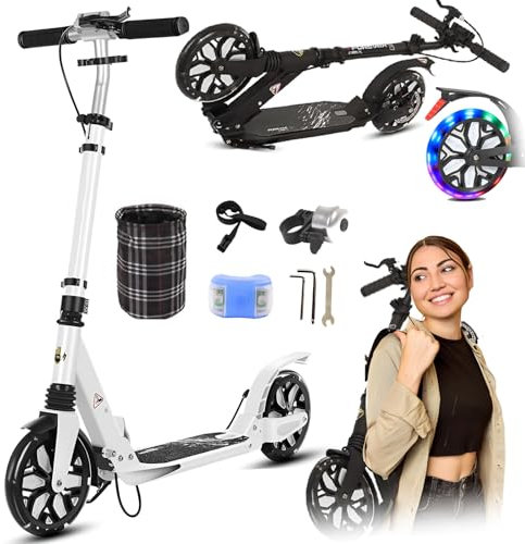 GHBXJX City Roller Erwachsene LED 200mm Big Wheel Scooter, Klappbar Cityroller mit Handbremse, Tretroller Kinder ab 8 Jahre Mädchen Jungen Teenager, Kickscooter Kinder Scooter Cityroller,Weiß