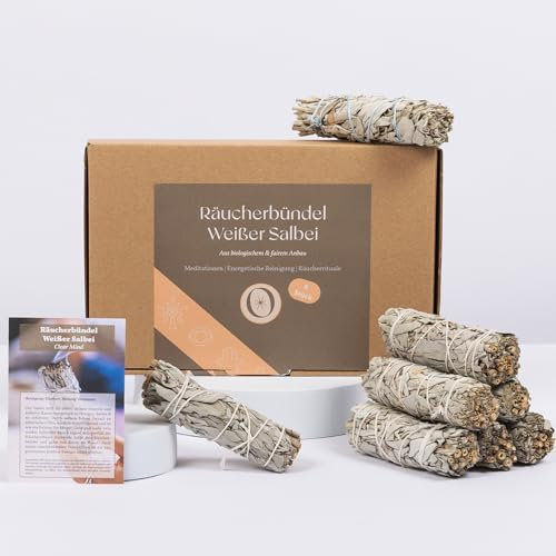 Oh Shanti® - 8 Räucherbündel weißer Salbei zum Räuchern | Naturbelassene Räucherstäbchen | 100% naturrein, ohne Zusätze, aus fairem Anbau | Meditation & Hausreinigung