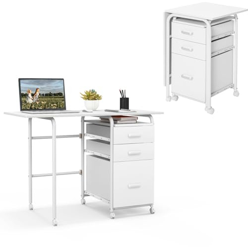 LIFEZEAL Klapperbarer Schreibtisch, Arbeitstisch mit Schubladen & Rollen, Multifunktionaler Computertisch, Bürotisch mit Aktenschränke, Klappschreibtisch für Arbeitszimmer, Büro (Weiß)