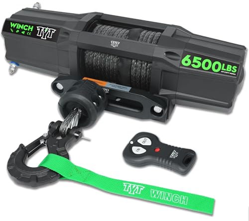 TYT Kit de cabrestante UTV de 6500 libras, cabrestante eléctrico de remolque eléctrico de 12 voltios CC con control remoto inalámbrico e interruptor con cable, cabrestante de cuerda sintética de 1/4 x