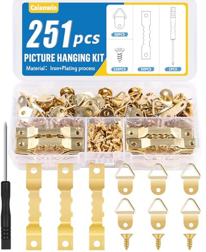 Caianwin 251 Stück Bilderhaken Bildaufhänger für Wände Bilderhaken zum Schrauben Bilderrahmen Aufhänger Zackenaufhänger für Haus, Schule, Büro(Gold)