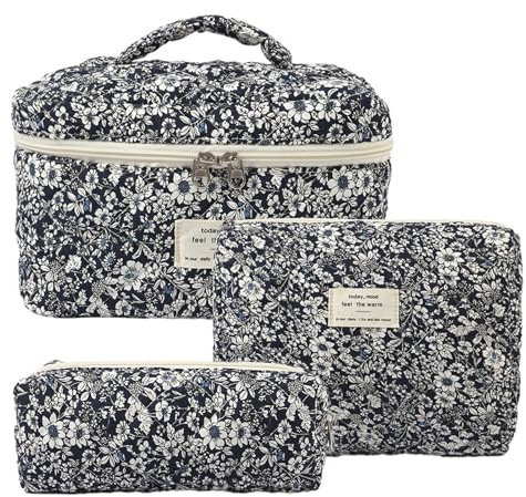 Damen Gesteppte Kulturtasche, 3 Stück Kosmetiktasche, Blumenmuster Kulturbeutel Set, Reisen Schminktasche Gedruckt, Baumwolle Make up Bag für Frauen Mädchen (Schwarz)