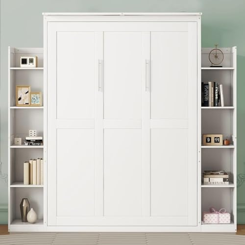 MERITLINE Queen Murphy Bed with Storage Shelves and LED Lights, Wood White Murphy Wall Bed Cabinet with Bookcase Bookshelf for Adults