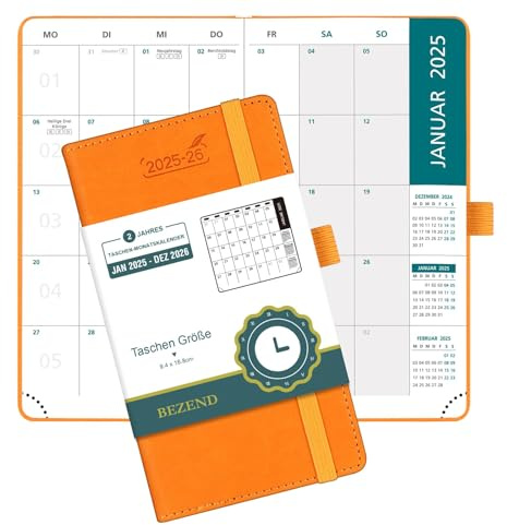 BEZEND 2 Jahres Kalender 2025 2026, Terminplaner 16,8 x 9,7 cm, 1 Monat auf 2 seiten von Jan 2025 bis Dez 2026, PU-Leder Hardcover Monatsplaner mit Innentasche - Orange