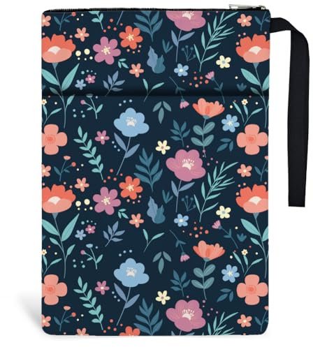 Hobbspring 1 Stück Blumenmuster Buchumschläge Polyester Buchhülle Buchschutz Mit Reißverschluss Und Vordertasche Für Schüler Und Lehrer 34x24cm Zurück zur Schule