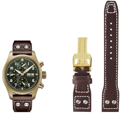 VYSLZ 20 21 22mm Echtleder Nieten Armband Passend für IWC Big Pilot Spitfire Braun Schwarz Blau Rindsleder Uhrenarmband(Brown gold buckle,20mm)