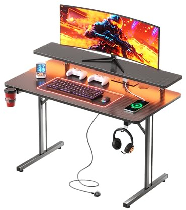 CAIYUN Small Gaming Desk with LED & Power Outlets, 80 x 50 cm Computer Desk with Full Monitor Stand, Carbon Fiber Gaming Table for Home Office, Metal Frame, Black