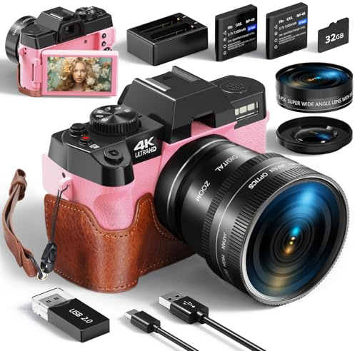 Digital Camera for Photography and Video,4K 48MP Vlogging Camera for YouTube with 180° Flip Screen,16X Digital Zoom,52mm Wide Angle,Leather Hold & Strap, 2 Batteries, 32GB TF Card