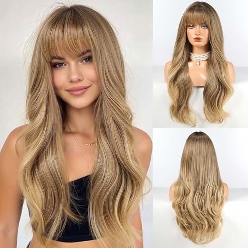 HAIRCUBE Lange blonde gemischte braune Perücke mit Pony, geschichtete lockige Perücken für Frauen, natürliche synthetische Perücken für den täglichen Gebrauch (Pelucas de cabello natural)