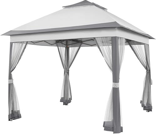 Soberine Gazebo da Giardino con Zanzariera Gazebo Pieghevole 3 × 3 m con Protezione Solare Tendone per Feste Regolabile in Altezza da Esterno Giardino Spiaggia Grigio/333x333x291 cm