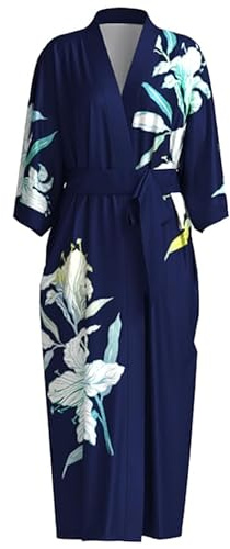 EORUBE Lång kimono rock kvinnor täcker tryck blommigt satin nattkläder silkeslen badrock ungkarlrock, Marinblå – lilja, one size