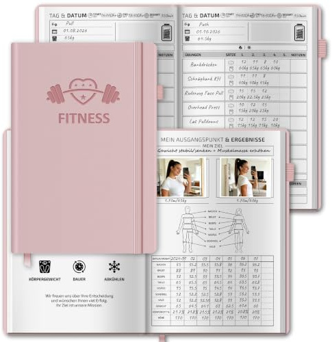 BIROYAL Trainingstagebuch Deutsch A5, mit 186 Trainingsseiten, Leder Cover | Trainingsbuch Krafttraining, mit Körpermessung, Meilensteine & Zielsetzung, 120g Papier, mit Stifthalter & Einstecktasche