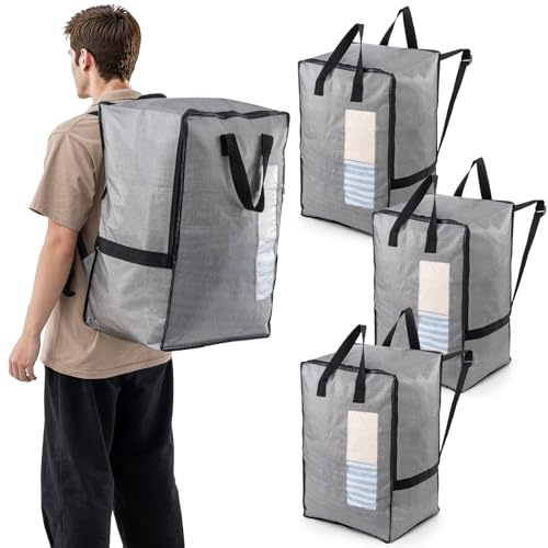 TAILI Borsa da trasloco tipo zaino, manici e cerniere resistenti, conservazione dei vestiti, sacchi per la biancheria, indispensabile per traslochi, imballaggio, viaggi (grigio, confezione da 4)