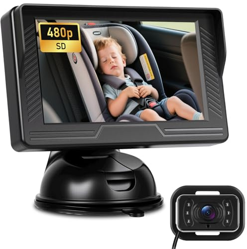 NHOPEEW 480P Baby-Autokamera Rücksitzspiegel - 4,3 Zoll Baby Monitor Bildschirm mit Nachtsichtkamera, 360° Verstellbarer Weitwinkel, Einfache Installation