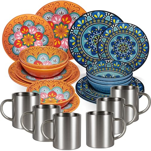 Service de table en mélamine Toscane pastel pour 6 personnes – 24 pièces – Orange/bleu – Avec tasses en acier inoxydable aspect mandala Passe au lave-vaisselle Vaisselle de camping Camping caravane