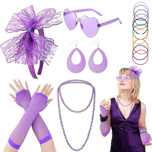 CERCTLA 80er Jahre Outfit Damen Set, Retro 90er Thema Party Outfit Accessoires, 80er Jahre Kostüm Damen, Stirnband, Herz-Sonnenbrille, Armband, Ohrringe, Fischernetz-Handschuhe, Halskette, Lila